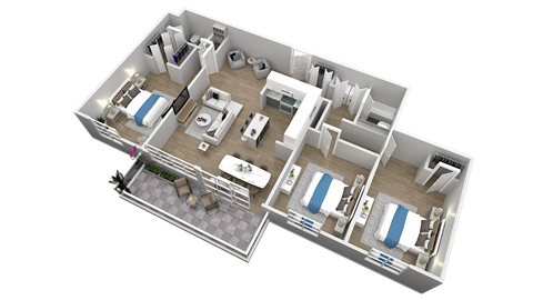 Floor plan for 3 beds, 2 baths, 1265 sqft